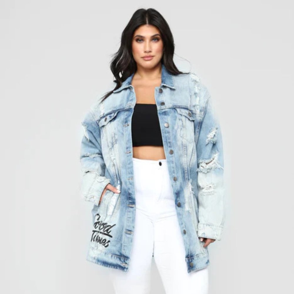 Fashion Nova Graphic Acid Wash Denim Jacket Oversized Boyfriend Medium